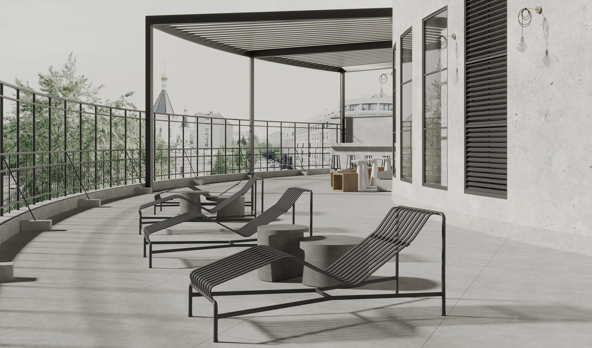Modern rooftop terrace with black lounge chairs, small round tables, and a bar area with stools. Features a curved railing, large windows, and overhanging slatted roof, overlooking city buildings and trees.