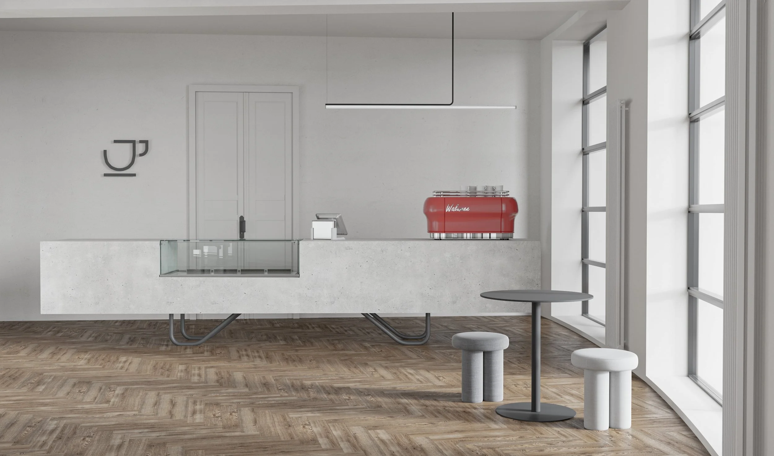 Modern minimalist cafe interior with a concrete counter, a red toaster, a small round black table, two white stools, and large windows with natural light.