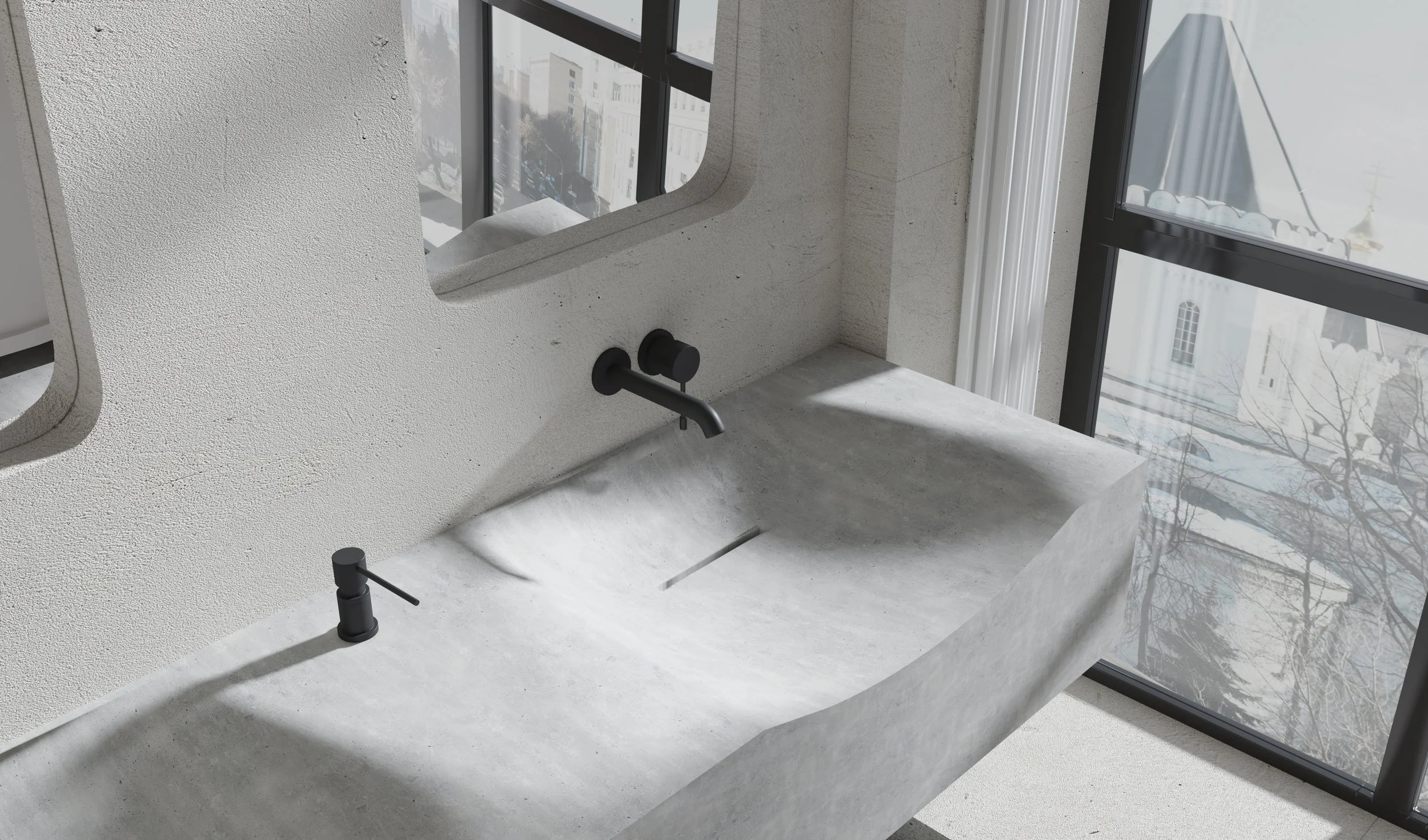 Modern bathroom vanity with a rectangular concrete sink, black wall-mounted faucet, black soap dispenser, a large window with a view of snowy trees, and louvered window blinds.