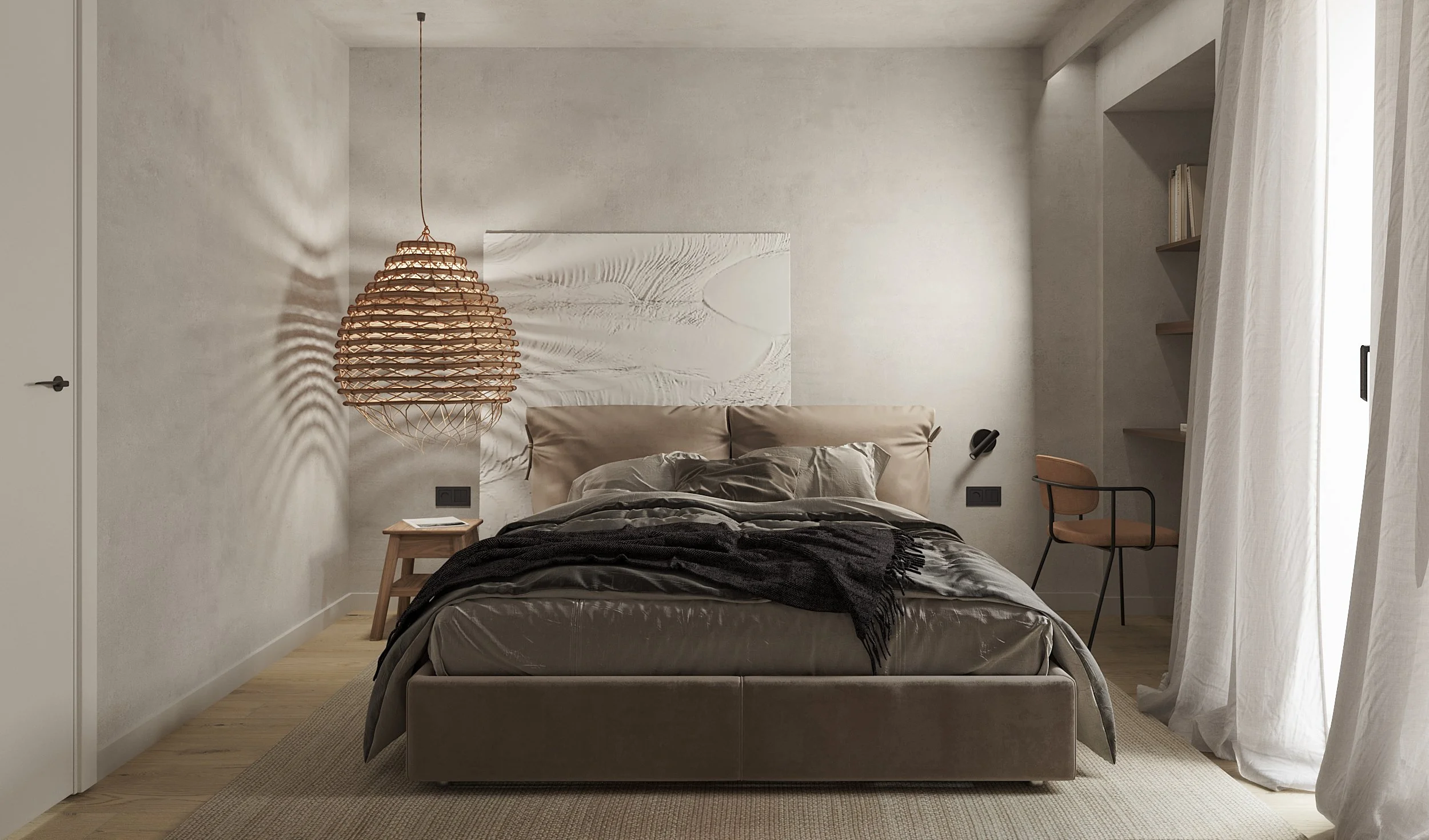 Modern bedroom with beige upholstered bed, wooden side table, black throw blanket, textured wall art, hanging wicker light, chair near window with white drapes, and built-in bookshelf.