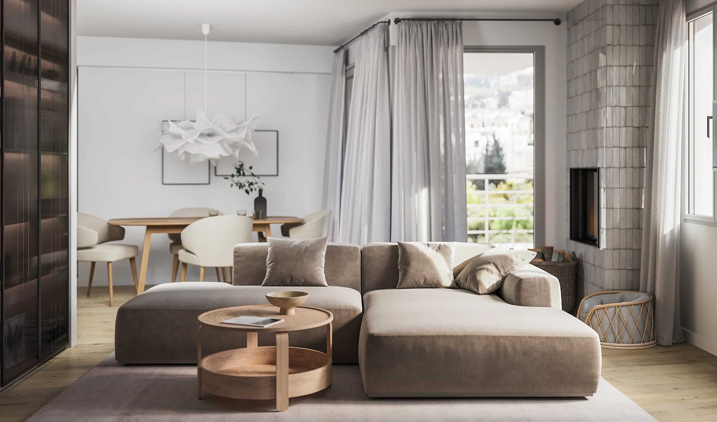 Modern living room with beige sofa, wooden coffee table, dining area with white chairs and wooden table, large windows with white curtains, and a balcony with a scenic view.