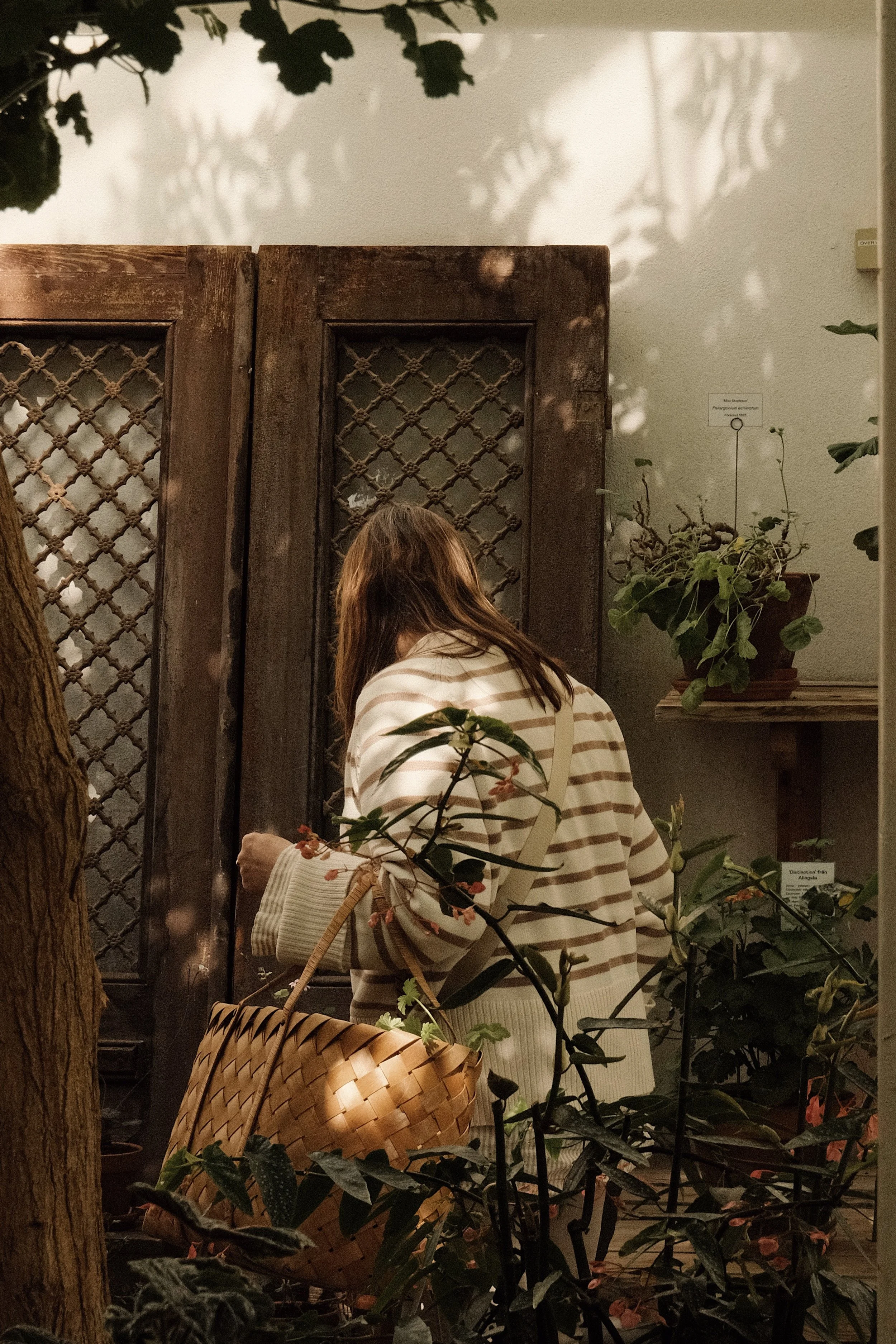 Kvinna med rygg mot kameran, bär en bunt med växter och en väska, står framför en trädörr i ett växthus eller botanisk trädgård med många växter och gröna blad.