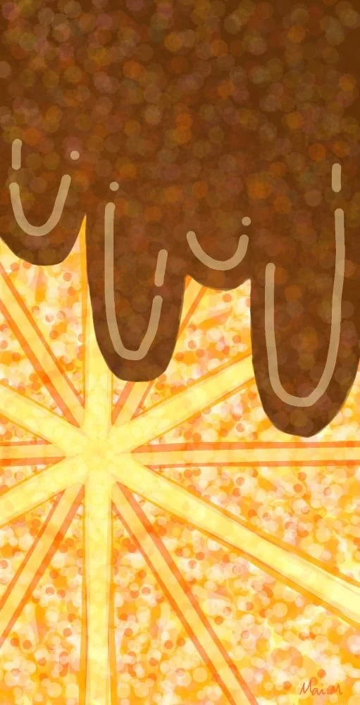 基本価格　5000JPYC　　オランジェットーOrangette　　甘酸っぱいオレンジと濃厚なチョコレートを組み合わせて、食べるとみんな笑顔になるような、美味しいオランジェットをイメージして描きました。