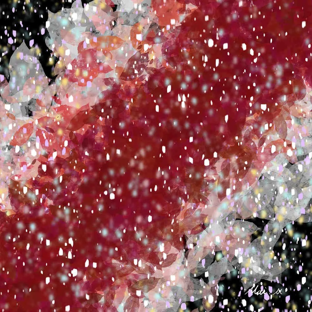 基本価格　30000JPYC　　白焔ーWhite Flame　　秋から冬へと季節が移りゆくなか、赤く色づいた葉と、白く降り始めた雪とのコントラストを描きました。深まる静けさと夜の冷たさの中で、赤い葉はまるで想いを宿すように燃えており、白い点は、降りそそぐ雪のきらめきを表現しています。
冷たいはずの季節の中にも、消えきらないぬくもりや、誰かを想う気持ちがあることを表しました。　　2025年10月　「EZO ART'n MUSIC in 北海道 芸術の森」にて展示
