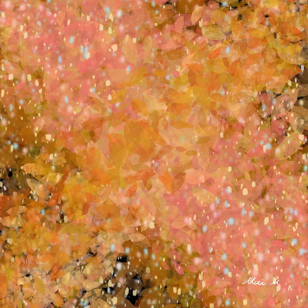 基本価格　30000JPYC　　豊饒に燃ゆーBurning in Abundance　　黒い背景に浮かぶオレンジの葉は、命の最後の瞬間に見せる強い輝きを表しています。散っていく葉ではなく、今まさに光を放つ存在として描きました。葉の生命力が放つプリズムのような光の粒は、葉が散った後の空間にも静かに残っています。すべてが終わる前に、もう一度、鮮やかに世界に残ろうとする力を信じています。　　2025年10月　「EZO ART'n MUSIC in 北海道 芸術の森」にて展示