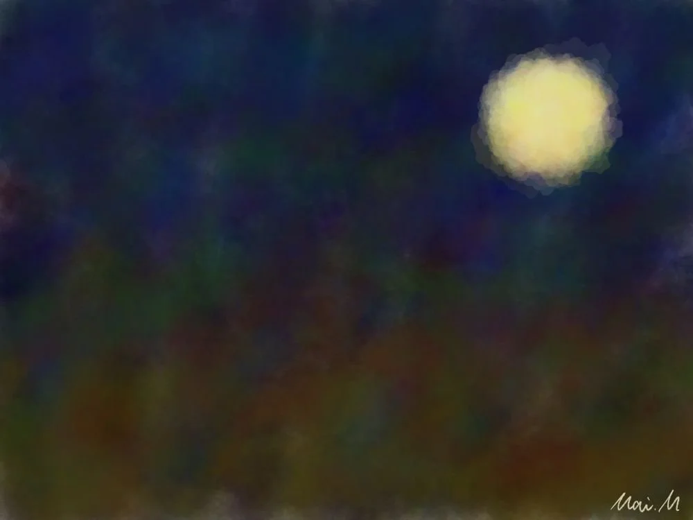 基本価格　10000JPYC　　地上から見た宇宙ーThe Universe as Seen from the Ground　　街の光などでいろんな色に染まった夜空を描きました。少し曇っていて月がぼんやり霞んでいます。いつもの空の少し違うところを複数の色で表現しました。