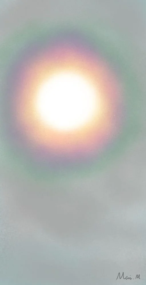 基本価格　10000JPYC　　光環ーCorona　　どんより曇った空と眩しい太陽の光を表現しました。私は虹を怖く感じます。こんなに厚い曇りの日に、太陽の光が虹のように見えるのは怖いだろうなと思って描きました。