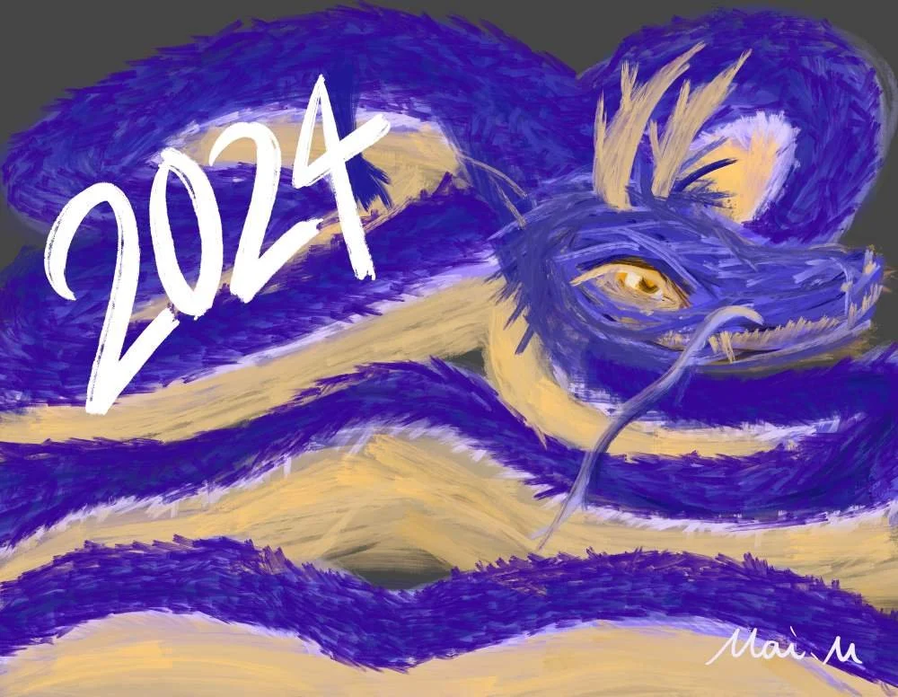 基本価格　5000JPYC　辰2024ーTatsu 2024　　今年の干支を描きました。年始なので縁起よくゴールドを使いたくて、青紫と組み合わせました。ペンの流れを意識して描きました。