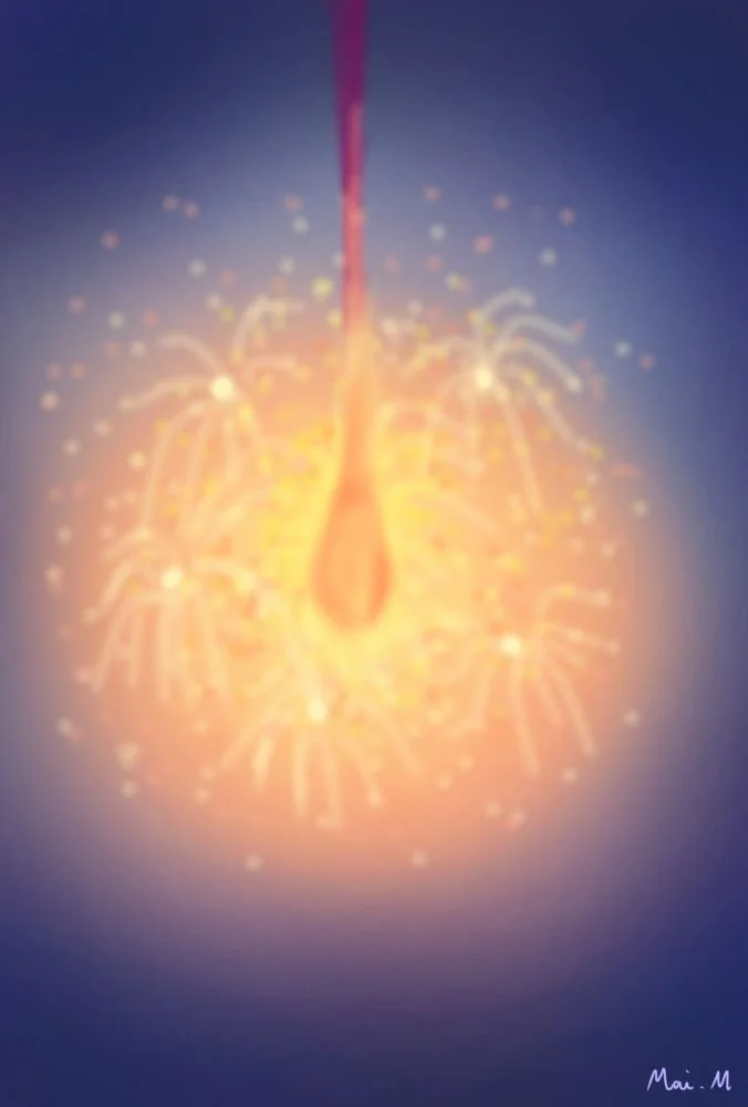 基本価格　10000JPYC　　線香花火ーToy fireworks　　 夏の夜にした線香花火を描きました。火をつけると小さいのに、どんどん火花が大きくなるところが、ちょっと怖いです。