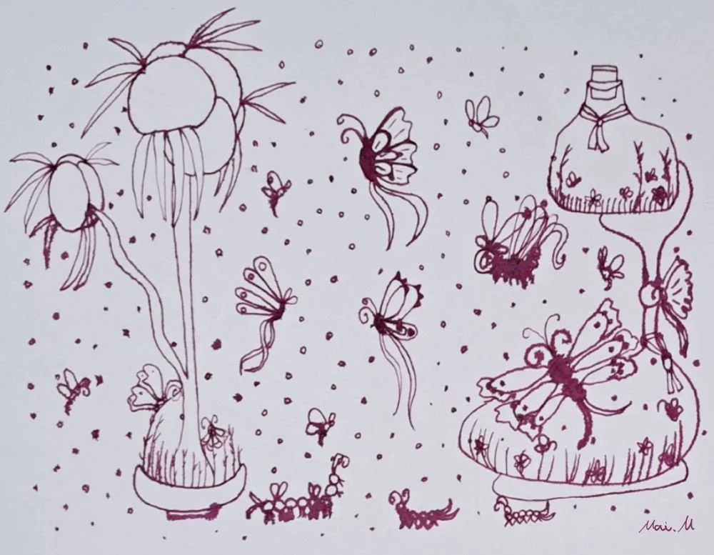 基本価格　10000JPYC　　虫と植物ーInsects and Plants　　苦手な虫を可愛らしく描いたら苦手じゃなくなるのではと思って、優雅にゆったり動くような尻尾をつけたり、足が体の真下にくるように描いてみた。大きな植物の甘い香りに誘われて、虫が集まってきている様子。
ガラスペンと万年筆インクで描いている作品。