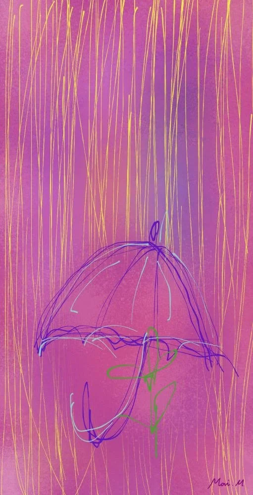 基本価格　5000JPYC　　守るーProtect　　危険な雨から花を守っている傘を描きました。危険な雨は怖いのですが、傘は花と一緒にいることができて嬉しそうです。花もいつもよりイキイキしています。