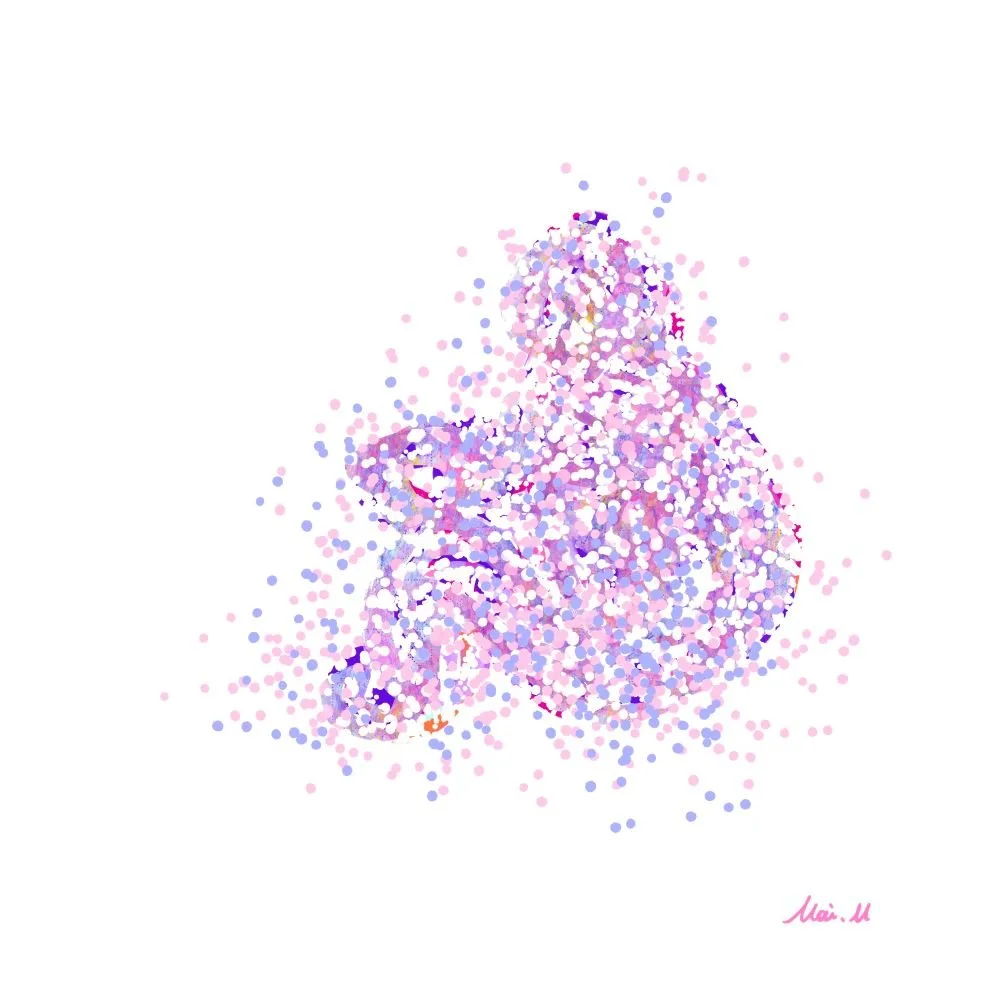 基本価格　20000JPYC　　ひとりじゃないよーYou're not alone　　一人でうずくまって座る人の周りに集まってくる小さな魂を表現しました。魂たちは一人で頑張っている人の孤独感にそっと寄り添っていて、優しく見守っています。あなたをちゃんと見てくれている人はいるよ、ひとりじゃないよというメッセージを込めました。