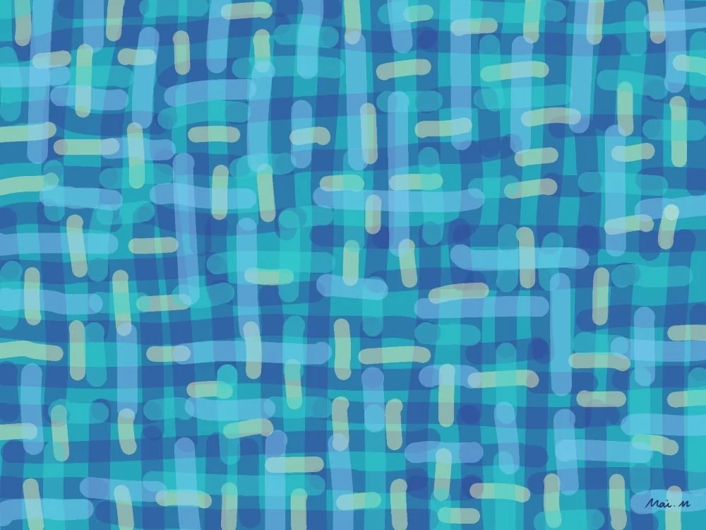 基本価格　20000JPYC　　重なりーOverlapping　　線と線の重なっているところの色の変化を、描きながら楽しんだ作品です。糸が重なって織り込まれて布地になる様子をイメージして、好きな色を使って表現しました。