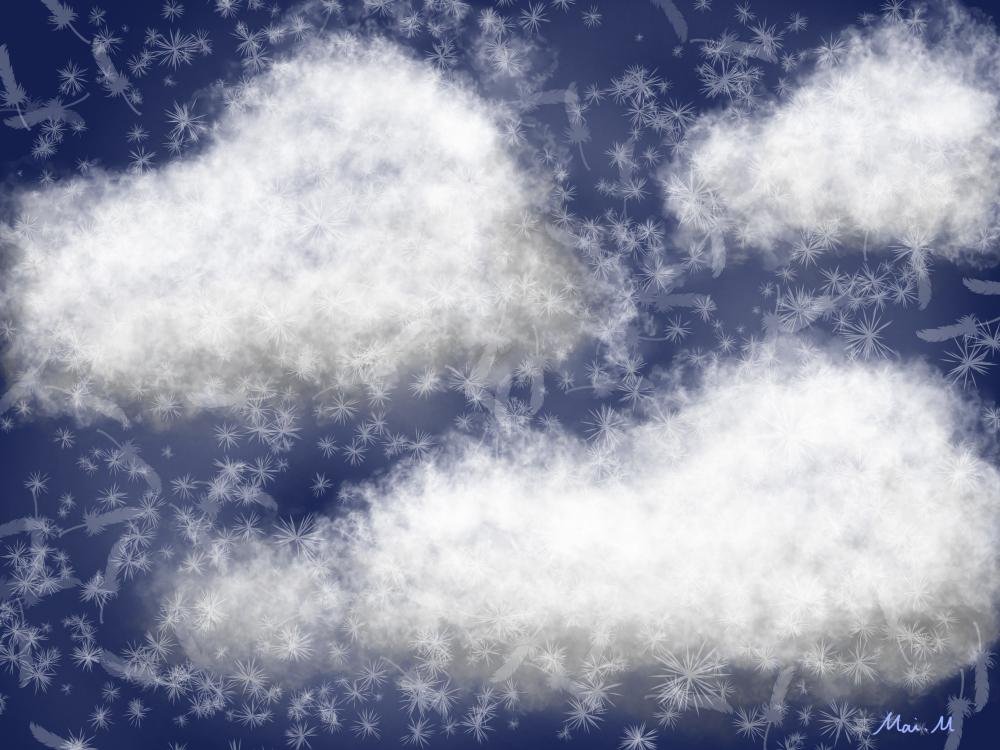 基本価格　5000JPYC　　綿雲ーFleecy clouds　　空に浮かぶふわふわの雲を表現しました。雲ってよく見ると形や影のつき方がそれぞれで、柔らかくもぷっくりした感じを出すのが難しかったです。