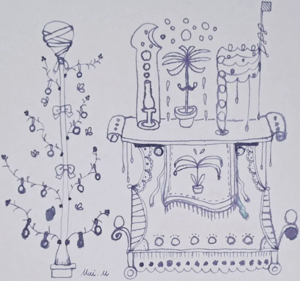 基本価格　10000JPYC　　クリスマスの祭壇ーChristmas Altar　　クリスマスの飾り付けがされている背の高い植物と、その横の祭壇を描きました。空気中を浄化したり湿度の調整をする植物もあります。いつもより一層賑やかです。