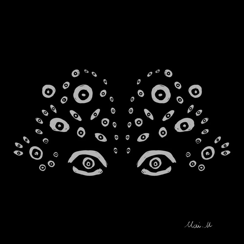 基本価格　10000JPYC　　みんなでーAll of them　　どこで何をするのか監視してくる目を描きました。何人かの目が何かをするわけでもなく、じっとこちらを見ています。