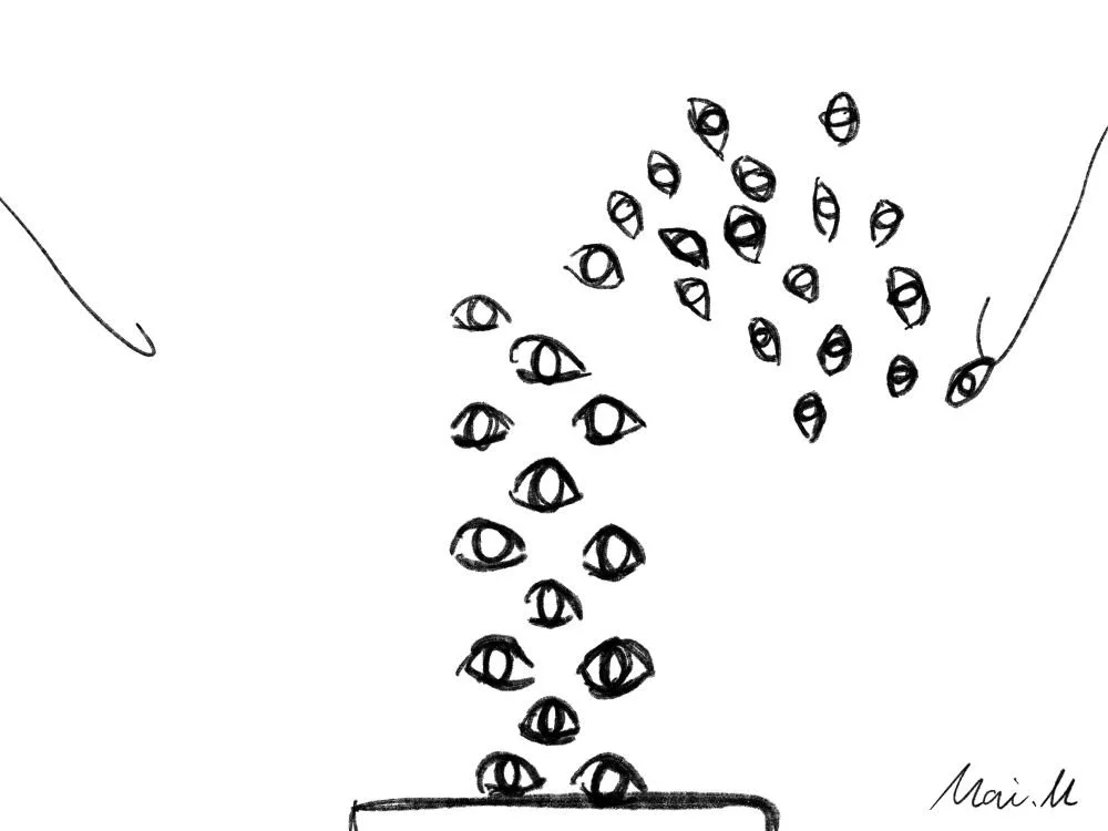 基本価格　5000JPYC　　引け目を感じるーFeel guilt　　積み上げられた目を釣って引っ張るというやりとりを描きました。目のタワーを崩した方が負けですが、崩れた目は負けた人のものになり、その目には特別な価値があります。