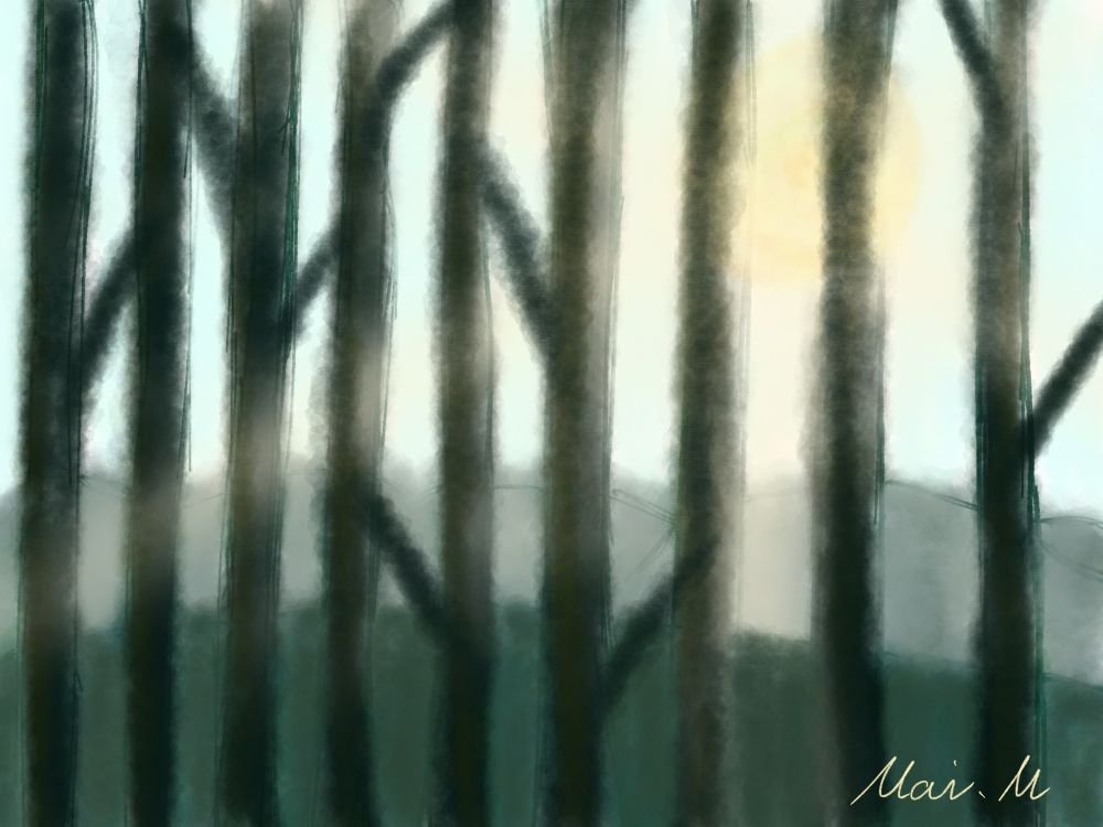 基本価格　10000JPYC　　冬の朝ーWinter Morning　　細長い木が立っている森に差し込む朝日を描きました。森全体が眩しい光に照らされています。清々しい気持ちで迎える冬の朝の冷たい空気感を表現しました。