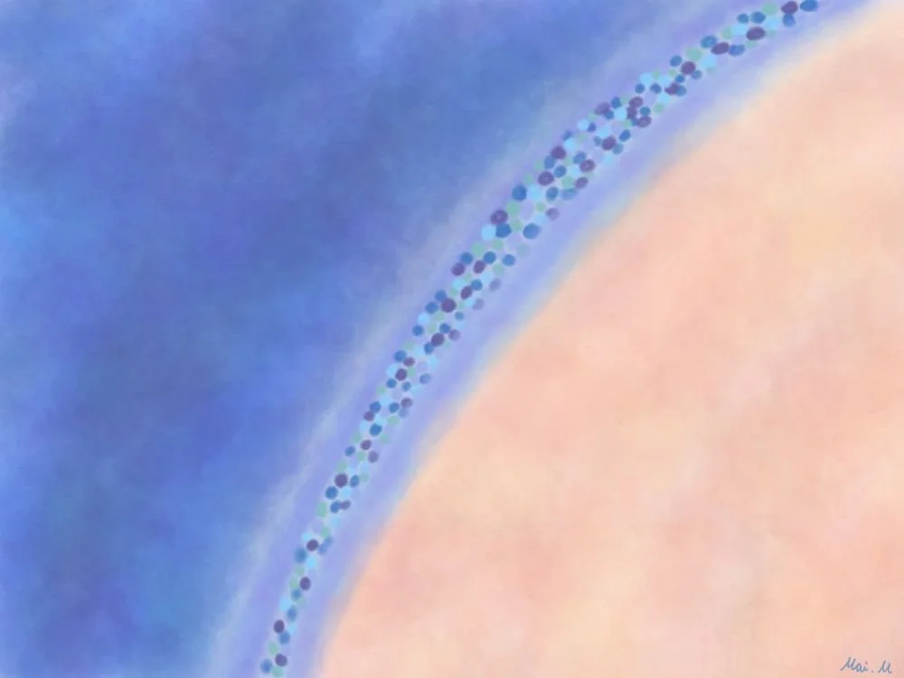 基本価格　5000JPYC　　スキンケアーSkin care　　冷たい空気と温かみのある肌が、いろんな成分が含まれた液体で区切られているところを描きました。お風呂上がりに、肌にいい成分が入った冷たいフェイスシートを顔に乗せて、気持ちよかったのを表現しています。