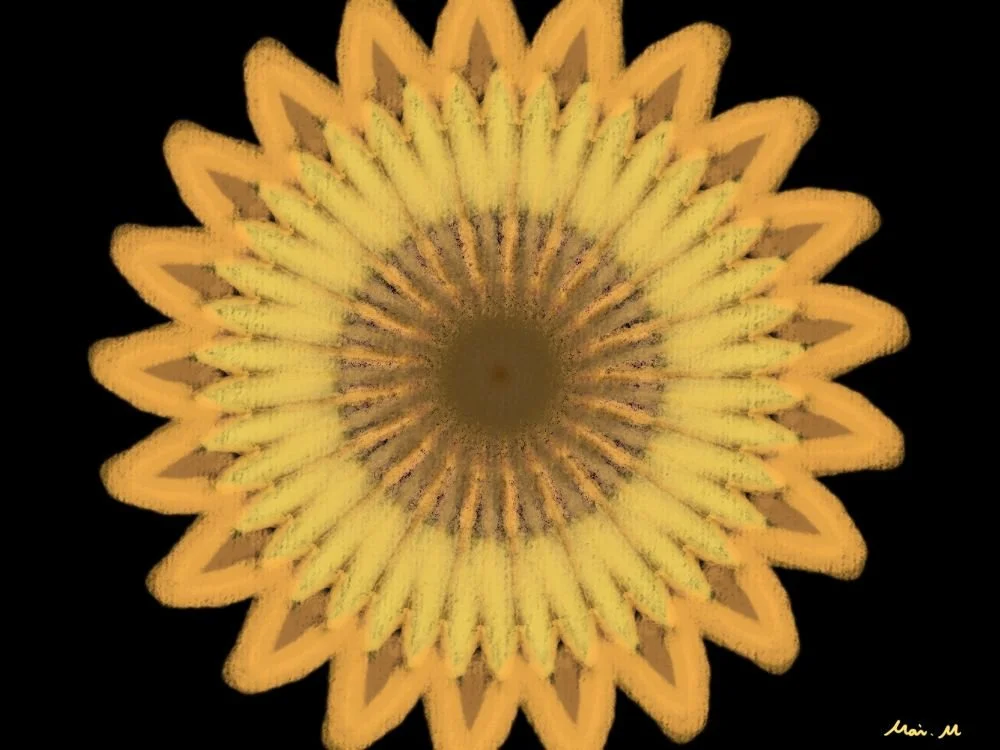 基本価格　10000JPYC　　ひまわりーSunflower　　円になるようにアプリの機能を使って描きました。ひまわりの、こちらをじっと見ているような怖さを表現しました。心の奥を見透かしている目のようです。