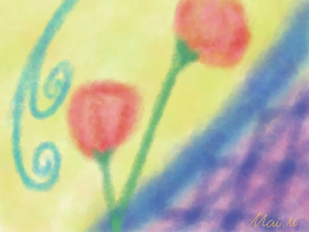 基本価格　5000JPYC　　エプロンのポケットーApron pockets　　ありがとうの気持ちを込めて、お母さんのエプロンをイメージして描きました。ポケットの中には子供たちからの草花のプレゼントが入っています。