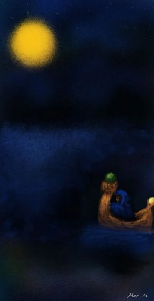 基本価格　20000JPYC　　旅ーJourney　　ノートにペンでなんとなく描いた絵をもとに、旅人が小さな魔法の舟で暗い夜を進んでいくところを描きました。あたりは真っ暗ですが満月は味方してくれて、進むべき方向をさし示しています。