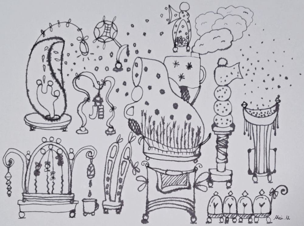 基本価格　10000JPYC　　空気清浄機ーAir purifier　　移動に便利なタイヤ付きの空気清浄機の売り場。それぞれの機械が意思を持ち、自由に動き回る。そこに住む生き物にとって快適なように調整されている。