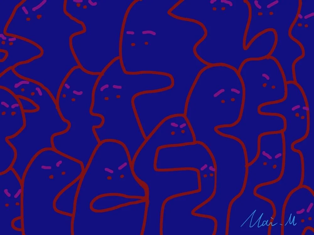 基本価格　10000JPYC　　会議ーMeeting　　社会全体の問題というマクロな視点を、会議と言うミクロな表現にした。色々な人が思い思いの主張をしているが、嫌な表情をしている人もいる。