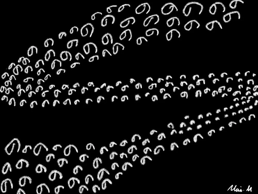 基本価格　20000JPYC　　の道ーNOMICHI(Road)　　ひらがなの「の」の形が前に進む生き物に似ていると感じたことから、群れを成して進んでいく姿を描きました。この生き物が、どこに向かっているのかわからないように見えるように表現しています。