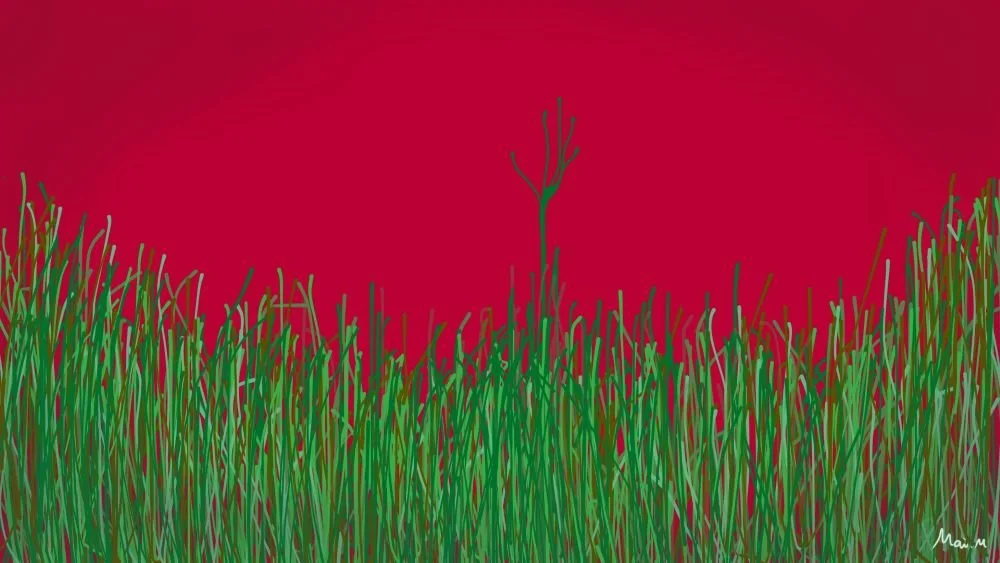 基本価格　10000JPYC　　たすけてーHelp　　苦しくて助けを求めている手のような植物を描きました。周りの草はただまっすぐ伸びていて、手のような植物には無関心です。