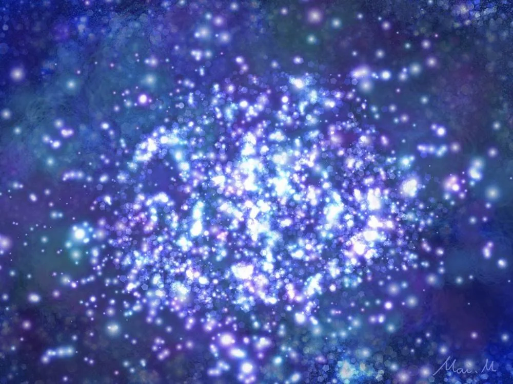 基本価格　30000JPYC　　星雲ーGalaxy　　重ねた好きな色にキラキラのブラシを合わせて宇宙の星々を表現しました。星は私の憧れが詰まっているモチーフの一つで、いつかもっとたくさんの星を見てみたいと思っています。