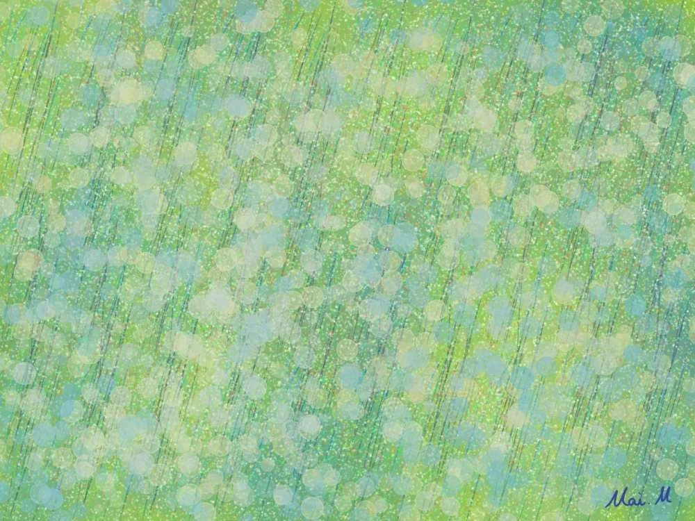 基本価格　10000JPYC　　新緑の雨ーFresh green rain　　大きな木に新しい葉っぱが出てきたことをお祝いする雨です。もうすぐ梅雨が始まろうとしています。雲の隙間から陽の光が差していて葉っぱが輝いています。