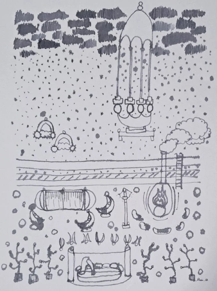 基本価格　20000JPYC　　粉雪の町ーTown of Powder Snow　　重なる暗い雲から雪が降ってきてとても寒いので、地下にあたたかな空間が広がっている様子を描きました。温泉やシアタールームなどが完備されています。