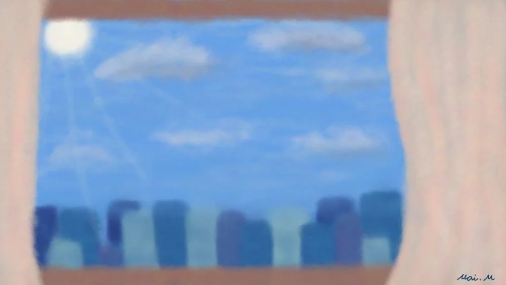 基本価格　5000JPYC　　朝の空気ーFresh morning　　動画を見ていたときに一瞬映った朝の窓際のシーンが綺麗だなと感じて描きました。午前中のエネルギッシュな太陽と爽やかな風を表現しました。朝早く起きるのは苦手ですが、こういった朝の雰囲気は好きだなと感じました。