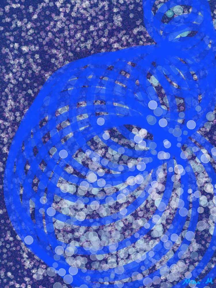 基本価格　5000JPYC　　青い丸ーBlue circle　　連続した丸を描くことでチューブ状に見えることを表現した絵です。チューブの中から出ている丸も広がっていくように見えています。丸だけでは見えなかった世界を表現することができました。