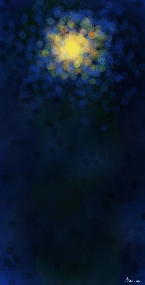 基本価格　10000JPYC　　月夜ーMoonlit night　　夜のちょっと曇っている空を描きました。雲で月の光が霞んで見えています。高い位置に月があって、私が歩く道を照らしてくれています。