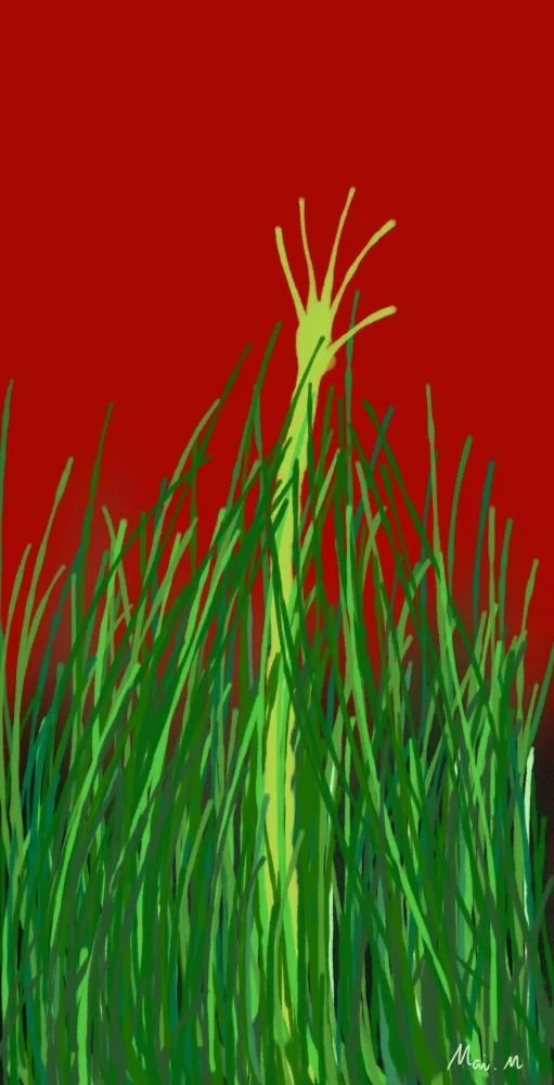 基本価格　10000JPYC　　たすけてーHelp　　苦しくて助けを求めている手のような植物を描きました。周りの草は伸ばした手を阻止しようとしているのか、応援しているのか、あなたはどちらに見えますか？