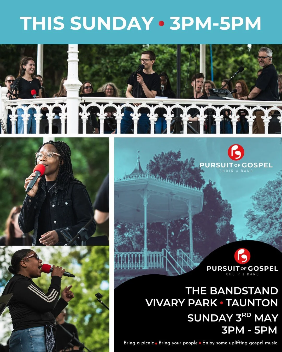 Tomorrow afternoon (Sunday 3rd May) the wonderful Pursuit Of Gospel Choir will be performing in the Bandstand at Vivary Park, 3-5pm! 

Come along, bring your friends and a picnic, and enjoy some amazing gospel music! 🌞🎶

#Gospel #Music #Taunton #Go