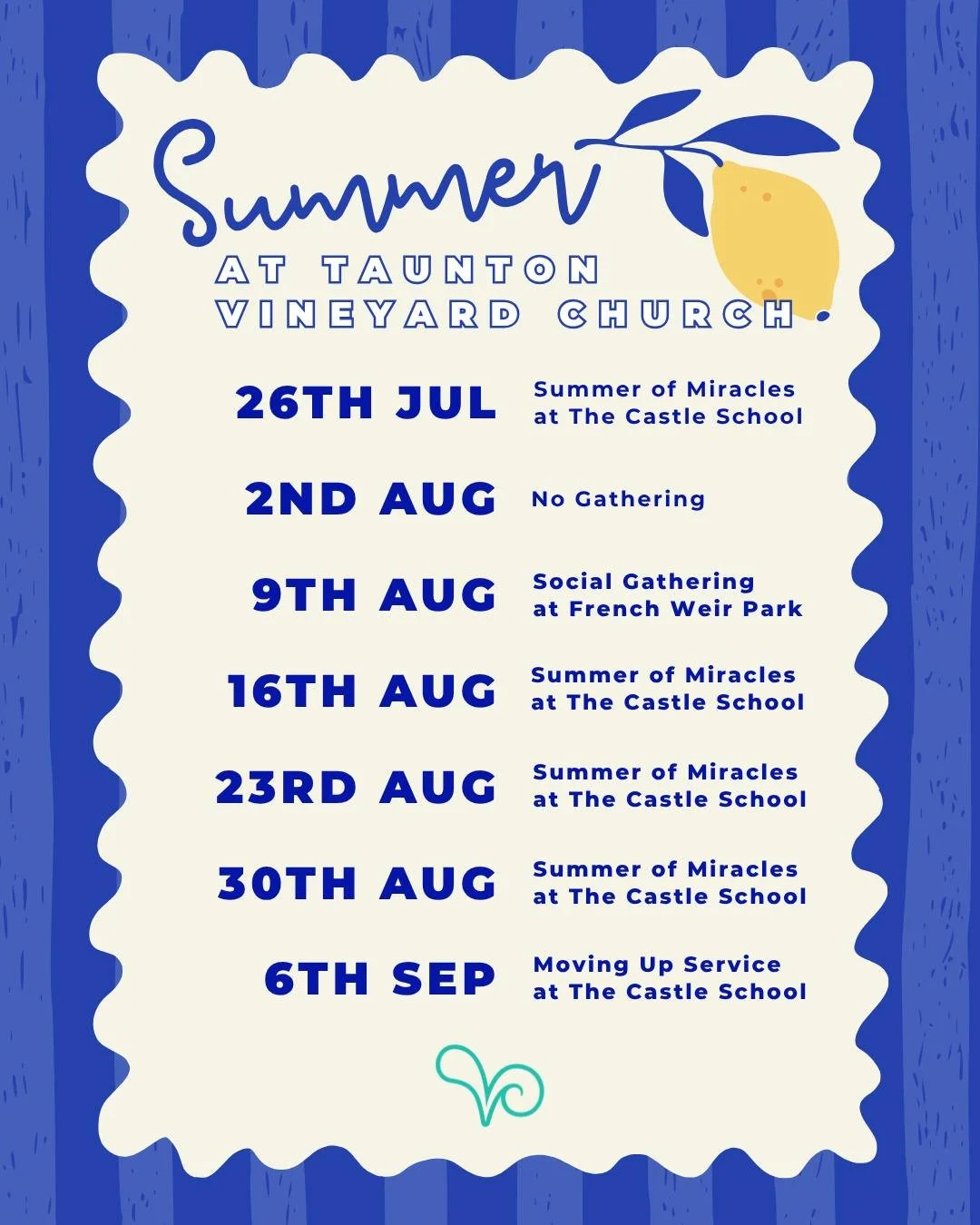 🌞 Summer is here! Our gatherings will look a little different over the next few weeks, with lots of exciting camps and events going on! Check out the calendar above to see when and where we'll be meeting. 🍋

#summer #tvc #tauntonvineyard #summercal