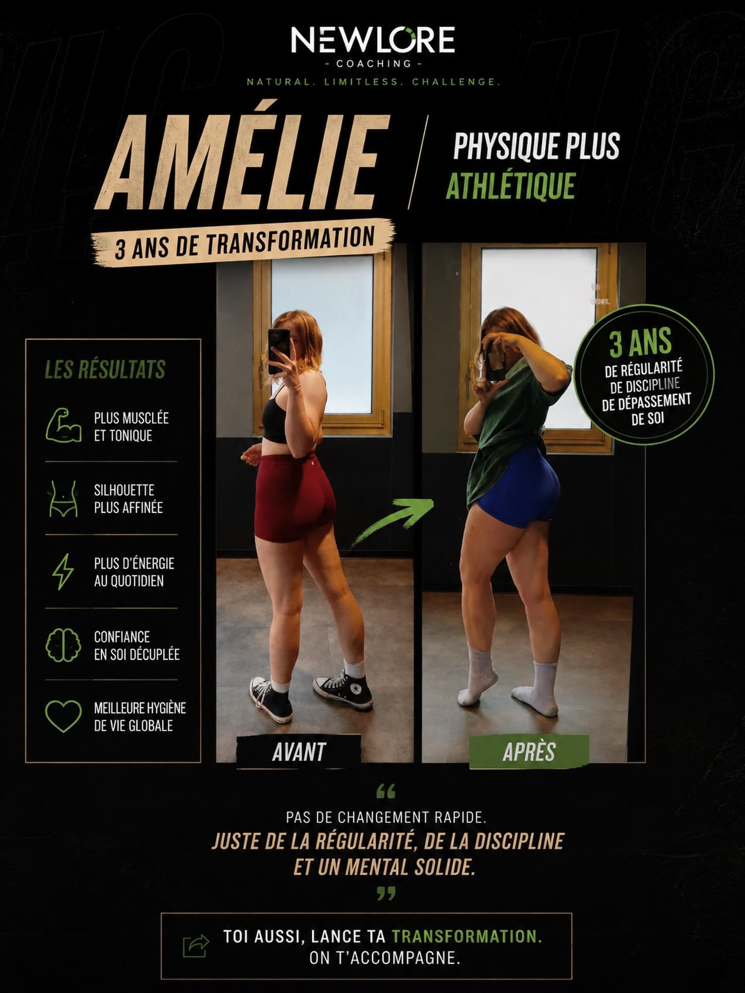 💚 3 ans de travail, de r&eacute;gularit&eacute; et de pers&eacute;v&eacute;rance.

Quand Am&eacute;lie a commenc&eacute; son accompagnement, elle avait un objectif simple : se sentir mieux dans son corps et gagner en confiance.

Pendant ces 3 ann&ea