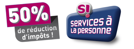 Logo promotionnel avec texte indiquant 50% de réduction d'impôts et services à la personne.