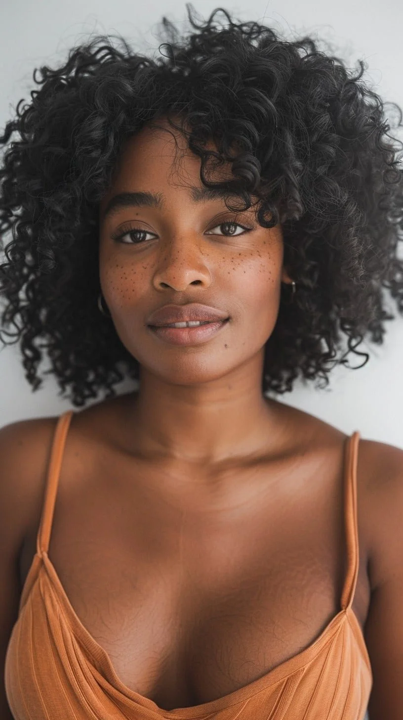 A woman with dark, curly hair, brown skin, and freckles, wearing a tan, spaghetti strap top, looking at the camera with a neutral expression.