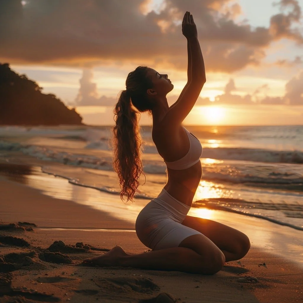 A woman practicing yoga on a beach at sunset, kneeling with arms raised and palms facing upward, near the shoreline with waves and a hill in the background.