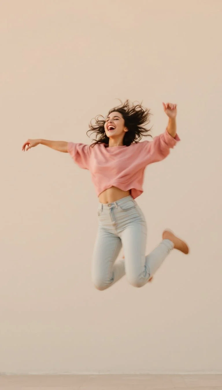 A young woman jumping in the air with a joyful expression, hair and arms outstretched, against a plain light-colored background.