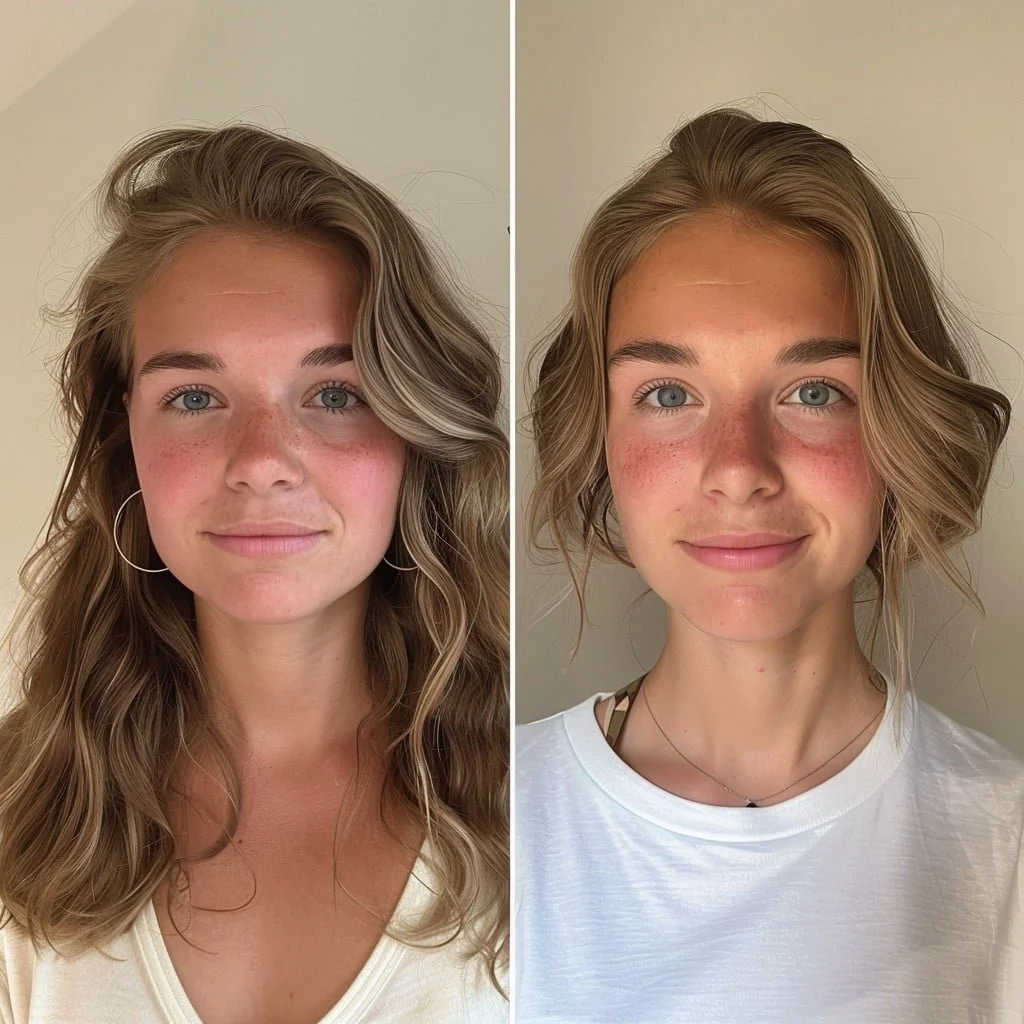 Side-by-side comparison of a young woman with wavy blonde hair and blue eyes, before and after a hair styling change, showing a more polished look on the right.