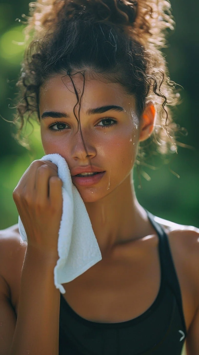 A young woman with curly hair wiping sweat from her face with a white towel. She is outdoors with greenery in the background, wearing a black tank top.