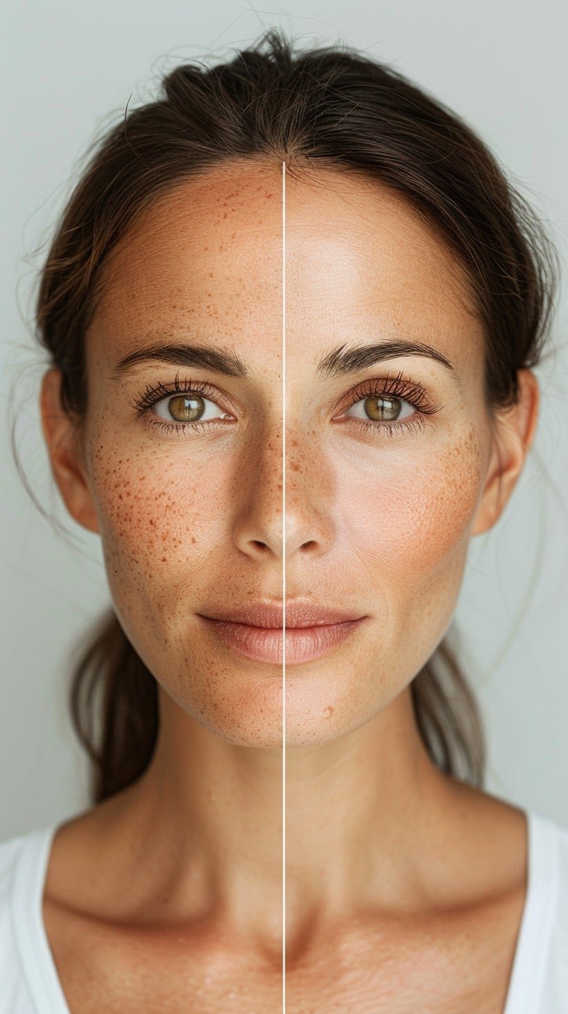A woman with fair skin showing a side-by-side comparison of her face before and after skin treatment, highlighting improved skin clarity, fewer freckles, and a smoother appearance on the right side.