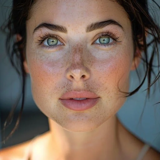 Close-up of a woman with bright blue eyes, freckles, and dark hair, looking directly at the camera.