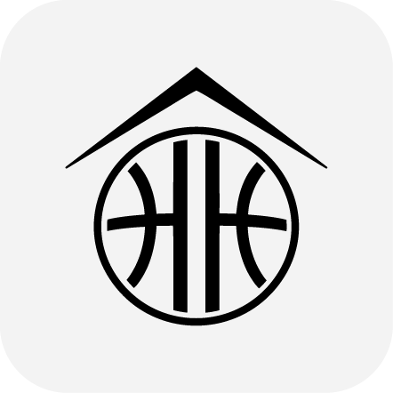 A basketball logo with a house or roof shape above a stylized basketball inside a circle.