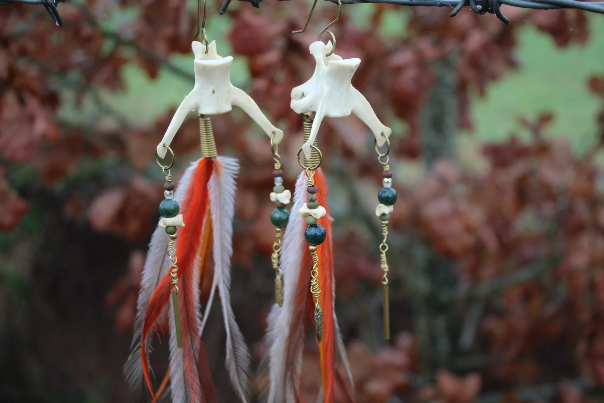 ꩜ Fox Bone & Emu Feather Earrings